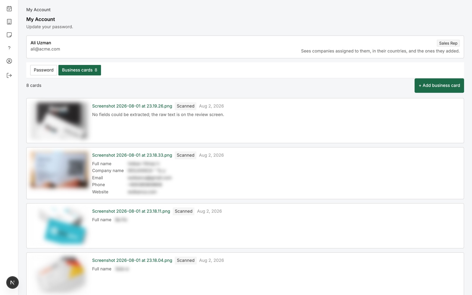 Business card scanner tab with uploaded cards and extracted fields